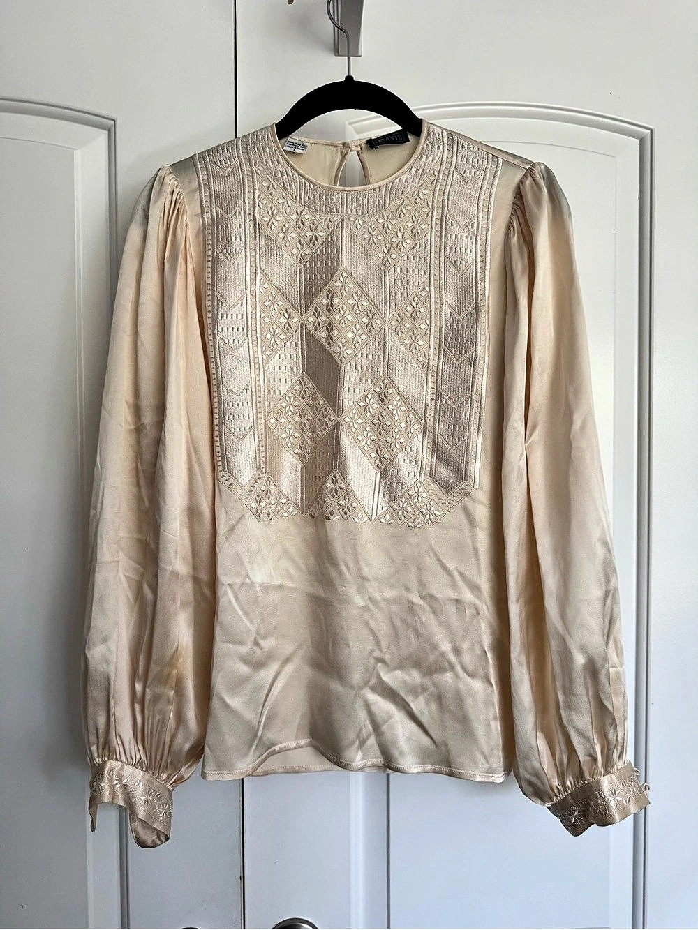 Vintage Levante Silk Embroidered Long Sleeve Blouse in cream Size 8